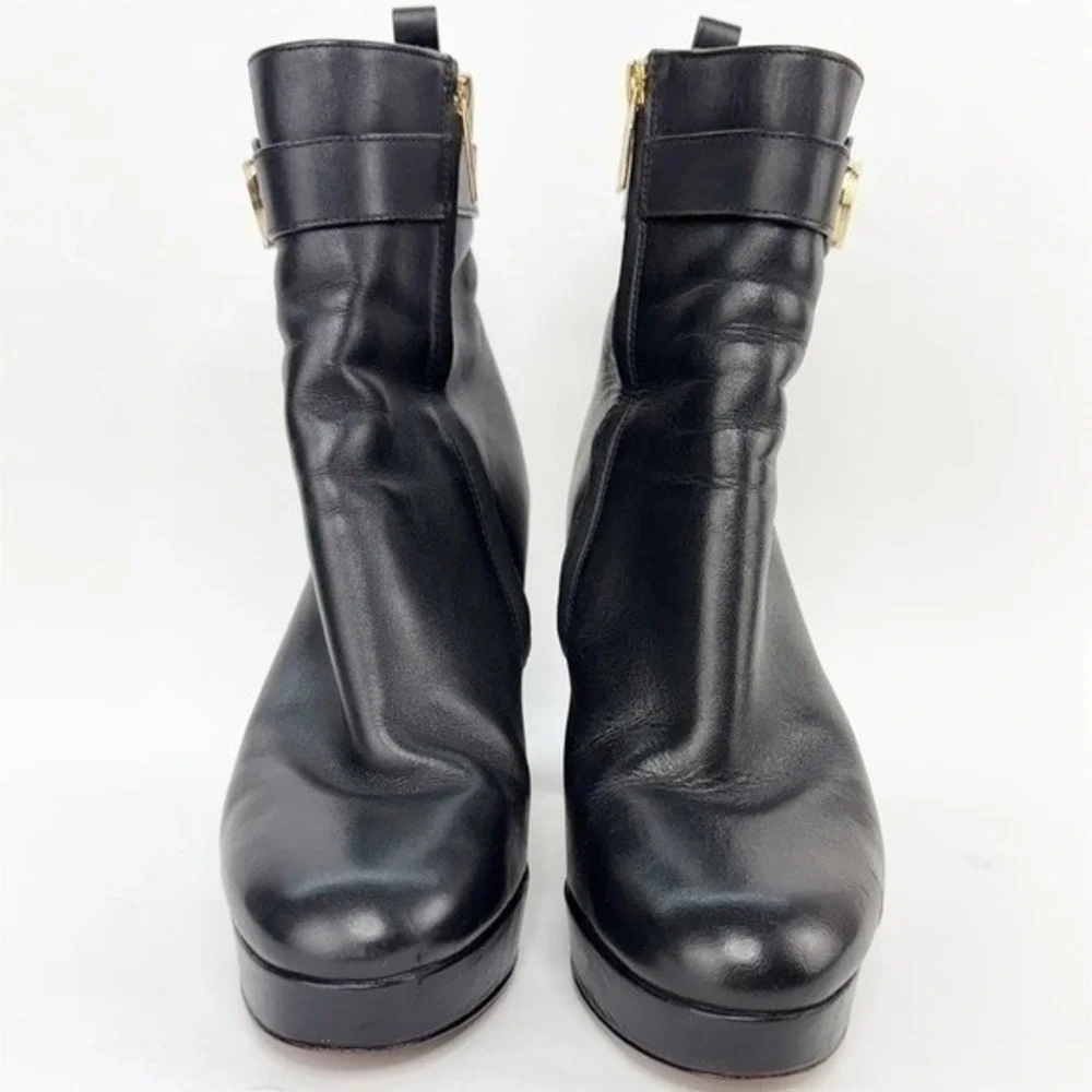 Michael Kors Black Leather Platform Ankle Boots Gold MK Logo Buckle Block Heel